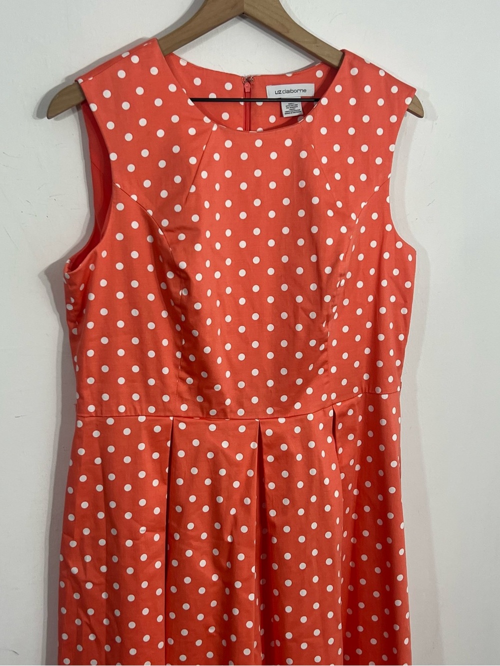 Liz Claiborne Size 14 Orange White Polka Dot Fit & Flare Dress Sleeveless Lined